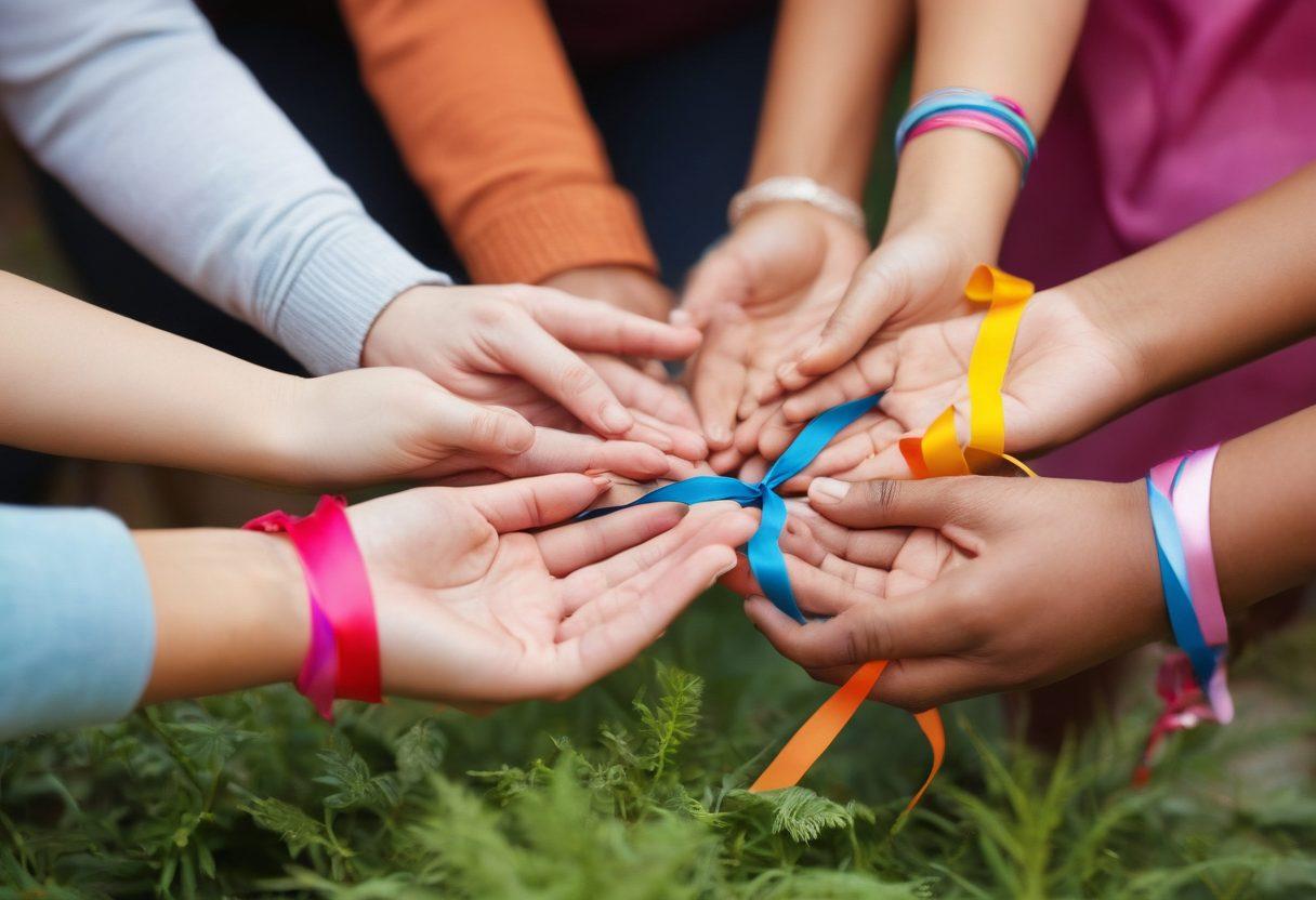 A warm and inviting scene depicting a diverse group of people of all ages and backgrounds engaging in a supportive community gathering. Include symbols of hope such as colorful ribbons and plants representing growth and resilience, alongside informative materials about cancer awareness. The setting should feel uplifting and nurturing, highlighting connection and empowerment among individuals. soft focus. vibrant colors. positive energy.
