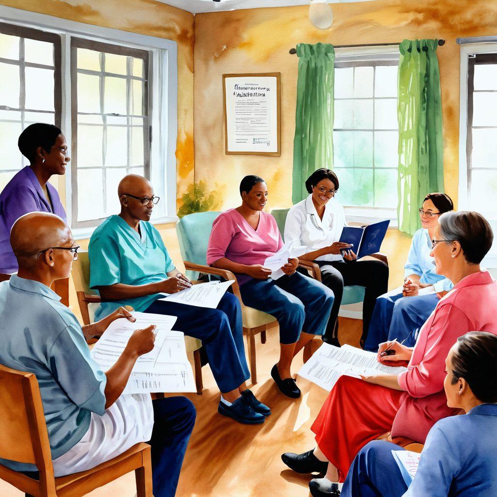 A powerful scene depicting a diverse group of patients gathered in a supportive environment, sharing their stories of cancer advocacy. Include elements like supportive signs, informative pamphlets, and inspirational quotes. The setting should radiate warmth and hope, showcasing individual empowerment through education. Use soft lighting and a cozy atmosphere to evoke feelings of camaraderie and strength. watercolor painting. vibrant colors.