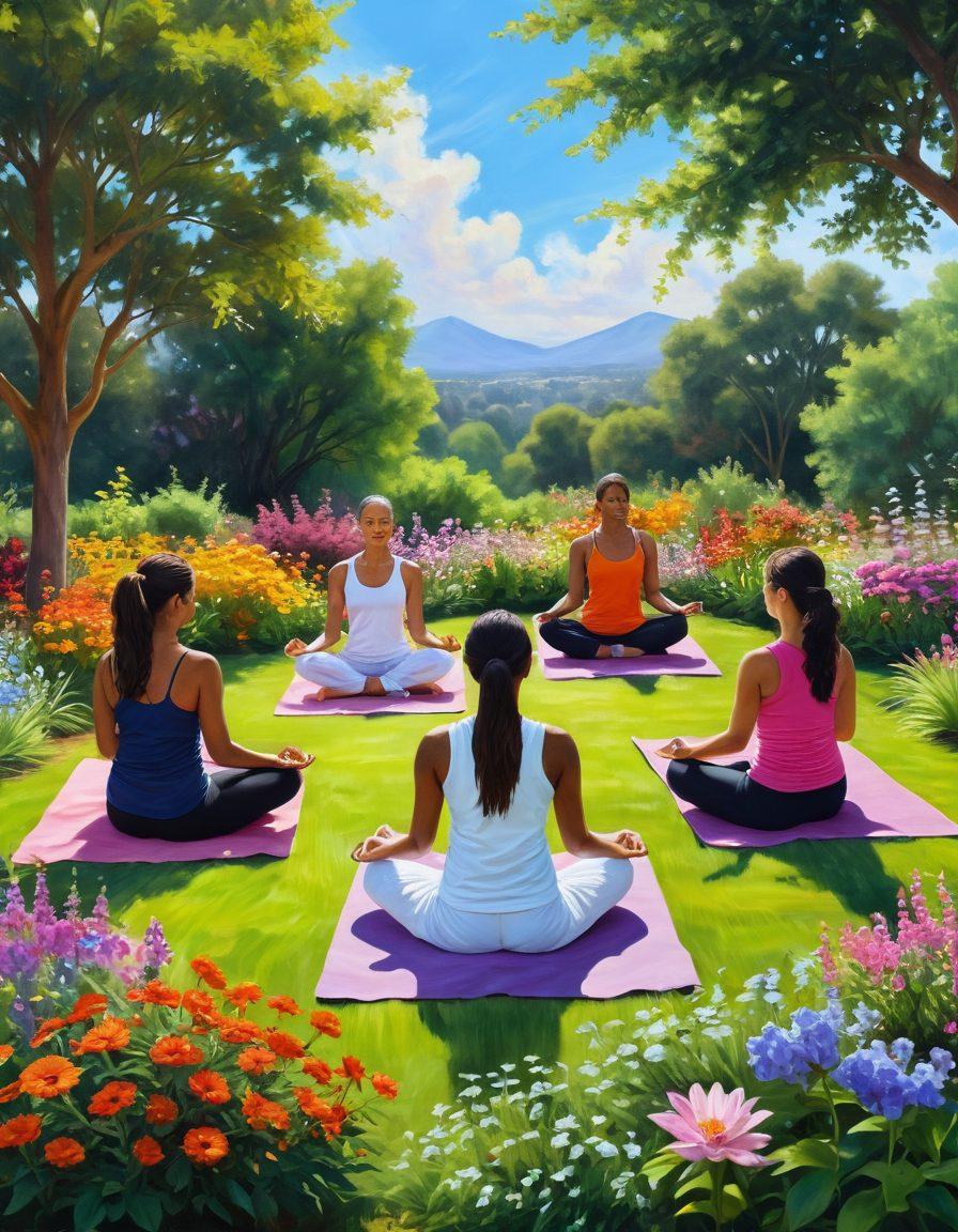 A serene landscape featuring a diverse group of people from various backgrounds engaging in wellness activities, such as yoga and meditation, surrounded by a colorful garden filled with flowers symbolizing growth and healing. Include subtle representations of tumor awareness, like ribbons or soft light highlighting them. The sky should be bright and uplifting, adding to the sense of hope and support. painting. vibrant colors. soft focus.